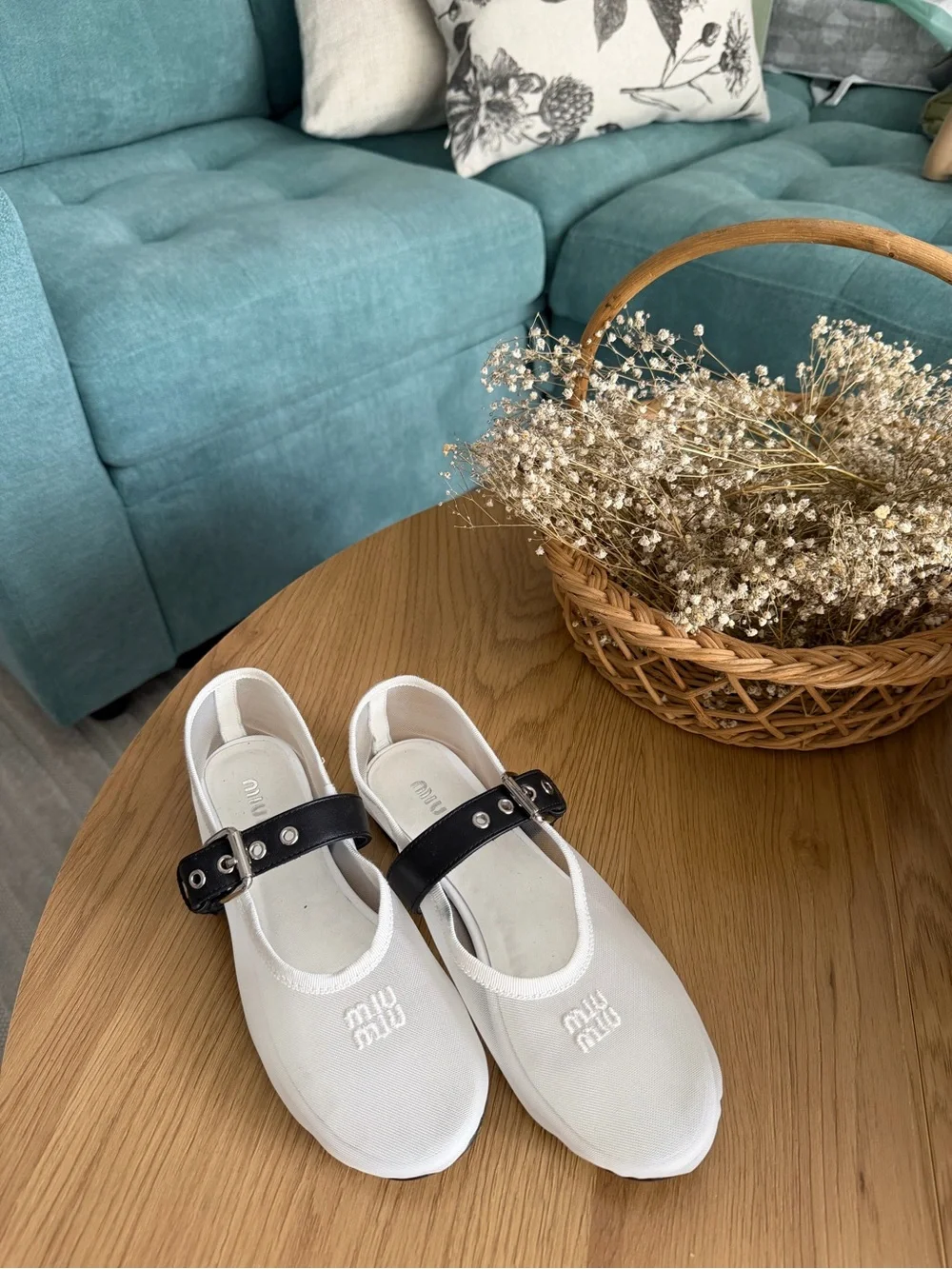 Miu Miu White Canvas Mary Jane Flats with Black Studded Strap 6-6.5 size